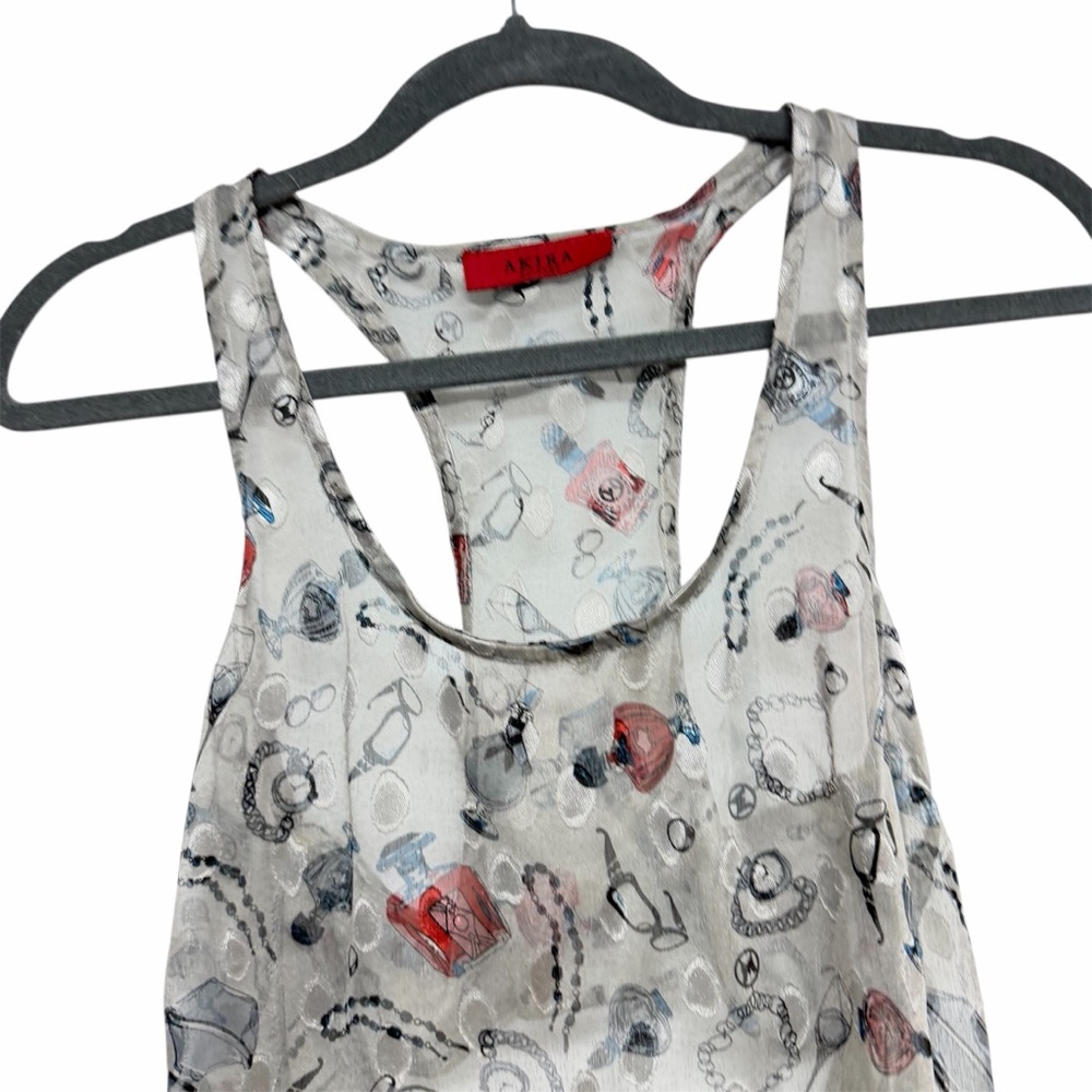 Akira Silver Gray Sheer Shimmery Polka Dot Blouse with Cosmetics Print Sz S - Picture 4 of 6